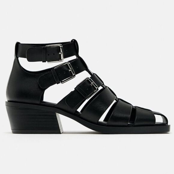 ZARA HEELED BUCKLED GENUINE LEATHER CAGE SANDALS - Picture 5 of 14